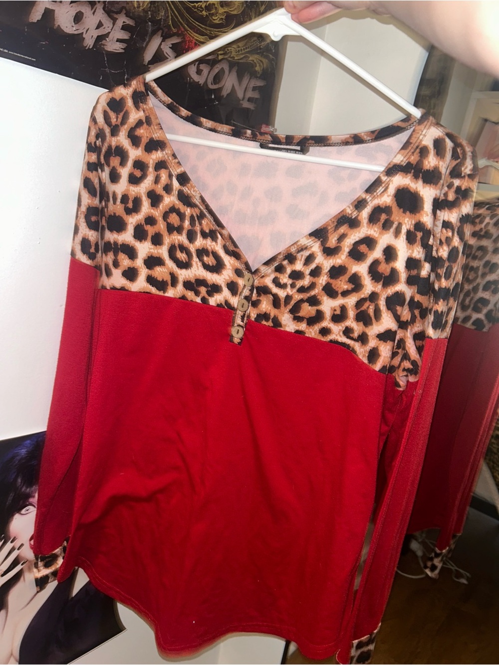 Cute Leopard Print and Red Fitted V-neck Blouse with buttons